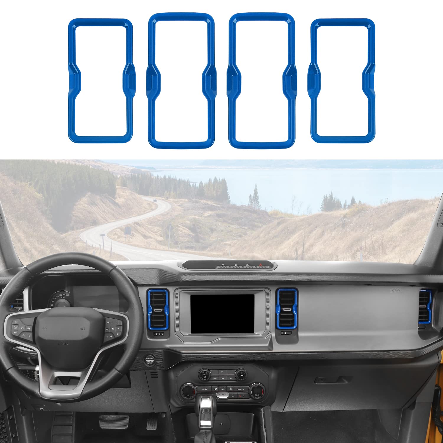 Photo 1 of RAZPOY for Bronco Air Conditioning Outlet Vent Trim, 4PCS Center Console Dash AC Vent Ring Cover Compatible with 2021-2024 Ford Bronco Interior Accessories, Blue