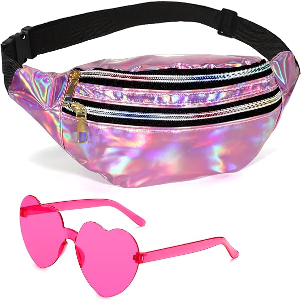 Frienda 2-Pack Holographic Fanny Packs - Shiny Purple & Blue Waist Bags, Adjustable Belt For Festivals & Sports - View #2