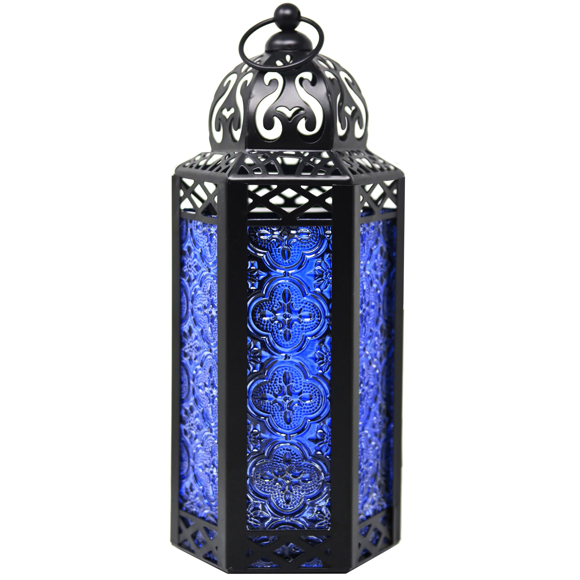 VELA LANTERNS Moroccan Candle Lantern Decorative Candle Holder Lamp for Indoor Outdoor, Ramadan, Home Decor, Patio, Weddings, Black Metal, Cobalt Blue Glass, Medium Lantern
