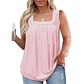 ROSRISS Plus-Size-Tank-Tops Summer Sleeveless Loose Fit Pleated Shirts Square Neck Tunics Eyelet Flowy Tees