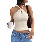Verdusa Women's Sexy Ribbed Halter Tops Sleeveless Cropped Going Out Tops for Date Night
