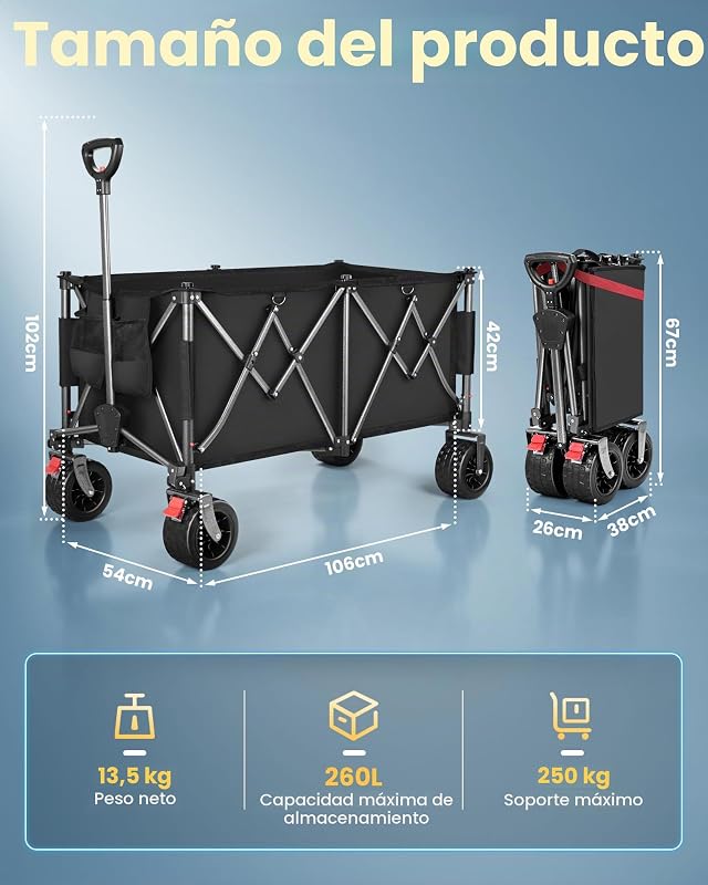 Carro Playa Plegable con Ruedas Anchas y Frenos 245L Negro — foto 2 de 8