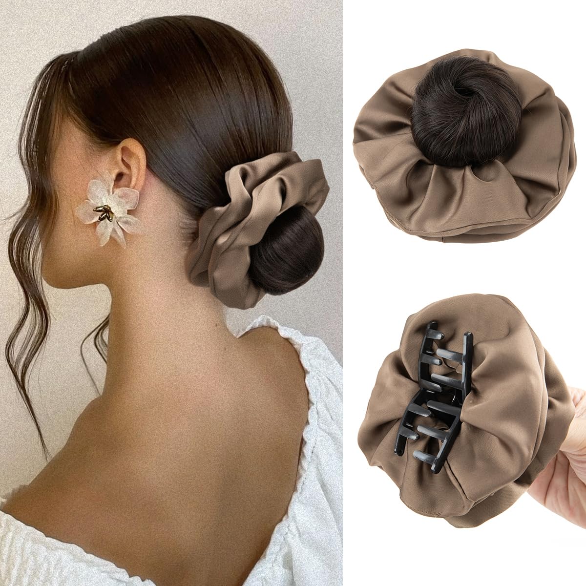 Photo 1 of SARLA Small Sleek Claw Clip Hair Bun with Hair Scrunchies Hairpieces for Women Synthetic Elegant Updo Donut Chignon Ponytail Ease Use Dark Brown