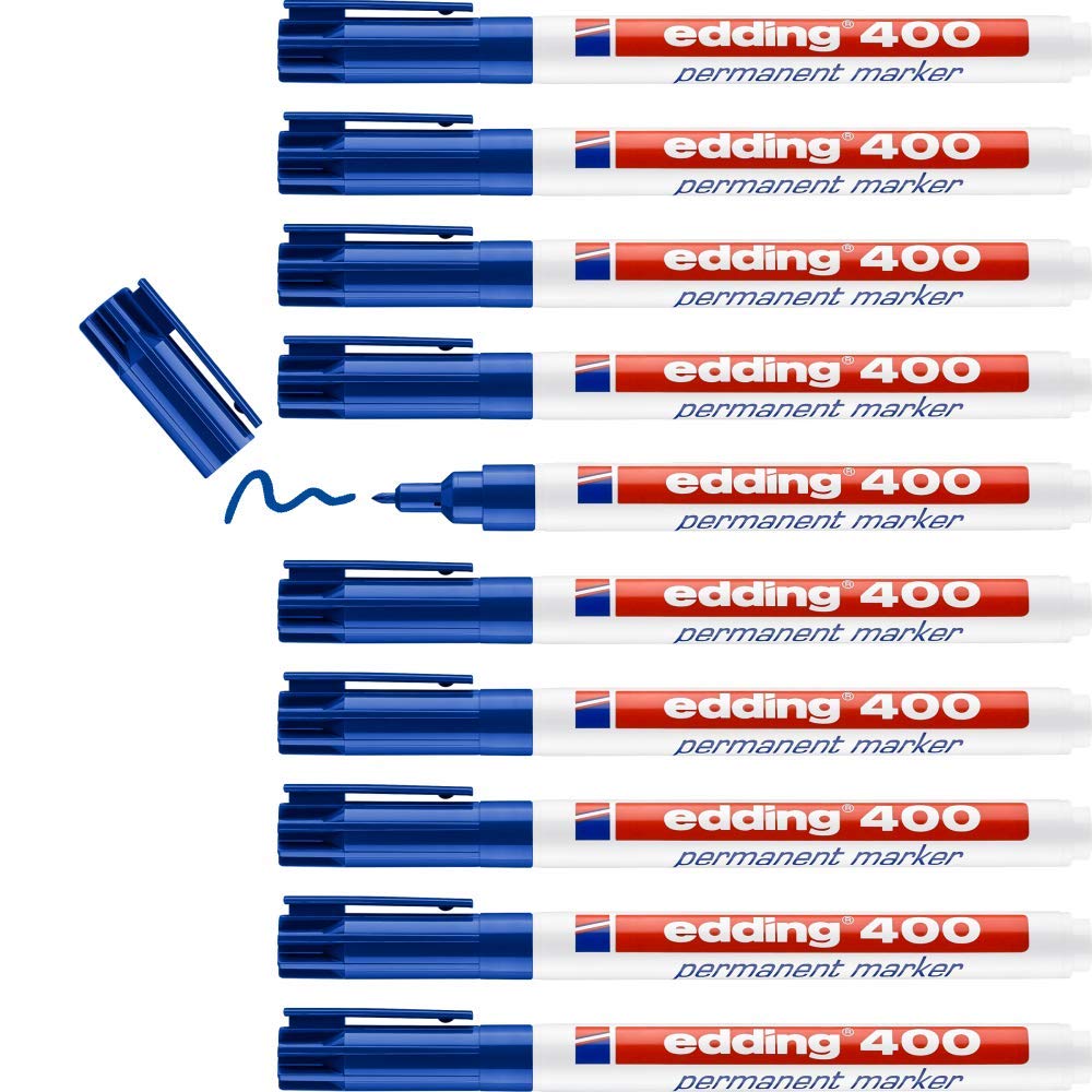 edding 400 permanent marker - blue - 10 pens - fine round tip 1 mm - waterproof, quick-drying, smear-proof pens - for cardboard, plastic, wood, metal, glass and fabric โ image 1