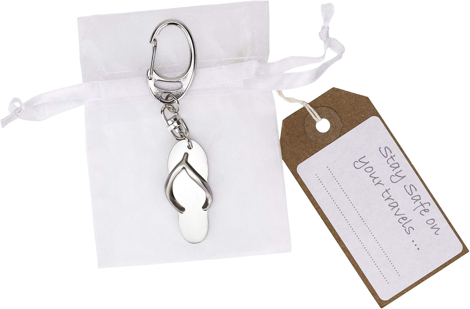 Travel Safely flip flop metal keyring in a smart organza pouch with printed gift tag, Silver