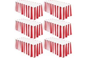 TERUNTRUE 6 Packs Red Striped Table Skirt Plastic Waterproof Disposable Carnival Circus Classic Red and White Table Skirts for 6-8 Foot Rectangle Tables,Weddings Reception Engagement Party(29 in x 14 ft)