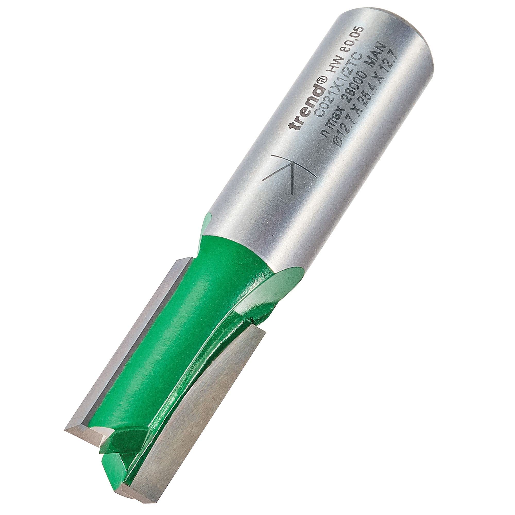 Trend CraftPro Straight Two Flute Router Cutter Bit, 1/2 Inch Shank, 12.7mm Cut Diameter & 25.4mm Cut Length, Tungsten Carbide Tipped, C021X1/2TC