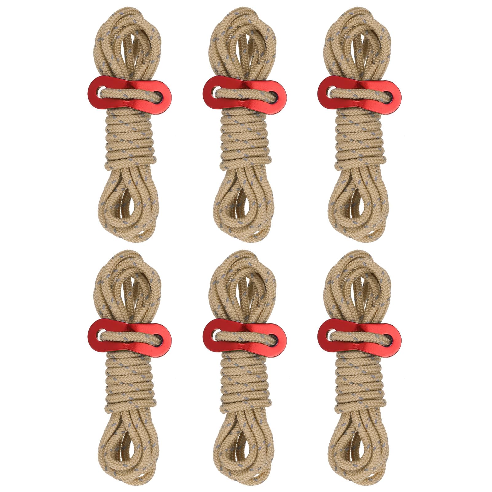 PATIKIL 4mm Tent Rope, 6 Pack 6.5ft Reflective Guyline Cord Tied Downs Rope Paracord Cord Camping Ropes with Red Aluminum Cord Adjusters for Camping Hiking Tent, Tan