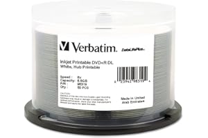 Verbatim DVD+R DL 8.5GB 8X DataLifePlus White InkJet Printable, Hub Printable, 50 Disc Spindle 98319