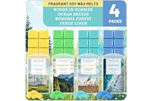 STRN Scented Wax Melts Wax Cubes Long Lasting Strong Scent, Soy Wax Cubes for Warmer Jelly Wax Melts Set, Ocean Breeze, Fresh Linen, Bohemia Forest, Summer Wind (4 x 2.5oz)