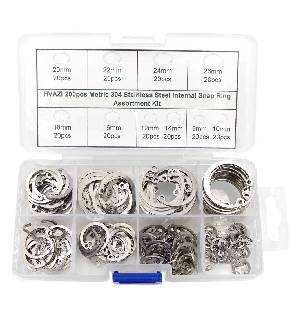 HVAZI 200pcs Metric 304 Stainless Steel Internal Snap Ring Assortment