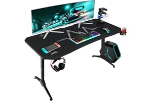 Furmax Gaming Desk T-Shaped Pc Computer Table with Carbon Fiber Surface Free Mouse Pad Home Office Desk Gamer Table Pro with Game Handle Rack Headphone Hook and Cup Holder (Black, 55 Inch)