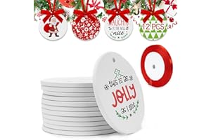 HEJIN 12PCS Sublimation Ceramic Ornaments - Sublimation Ornament Blanks Bulk with Christmas Ribbons - Ceramic Discs Ornament for Heat Press - Double-Sided Printing - Xmas Tree Decorate Crafts Gift