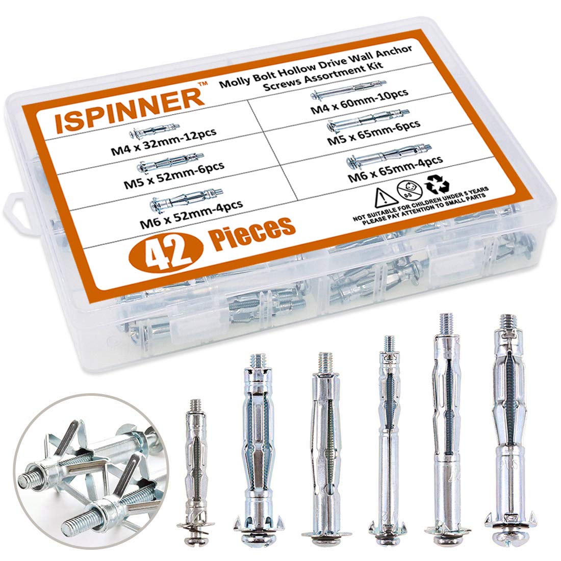 6 Sizes ISPINNER 42pcs Zinc Plated Steel Molly Bolt Hollow Drive Wall Anchor Screws Assortment