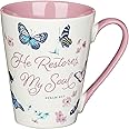 Christian Art Gifts Comforting Butterfly Ceramic Scripture Coffee and Tea Mug for Women: He Restores My Soul - Psalm 23:3 Bible Verse, Dishwasher/Microwave Safe, Pink and White Floral, 14 oz.
