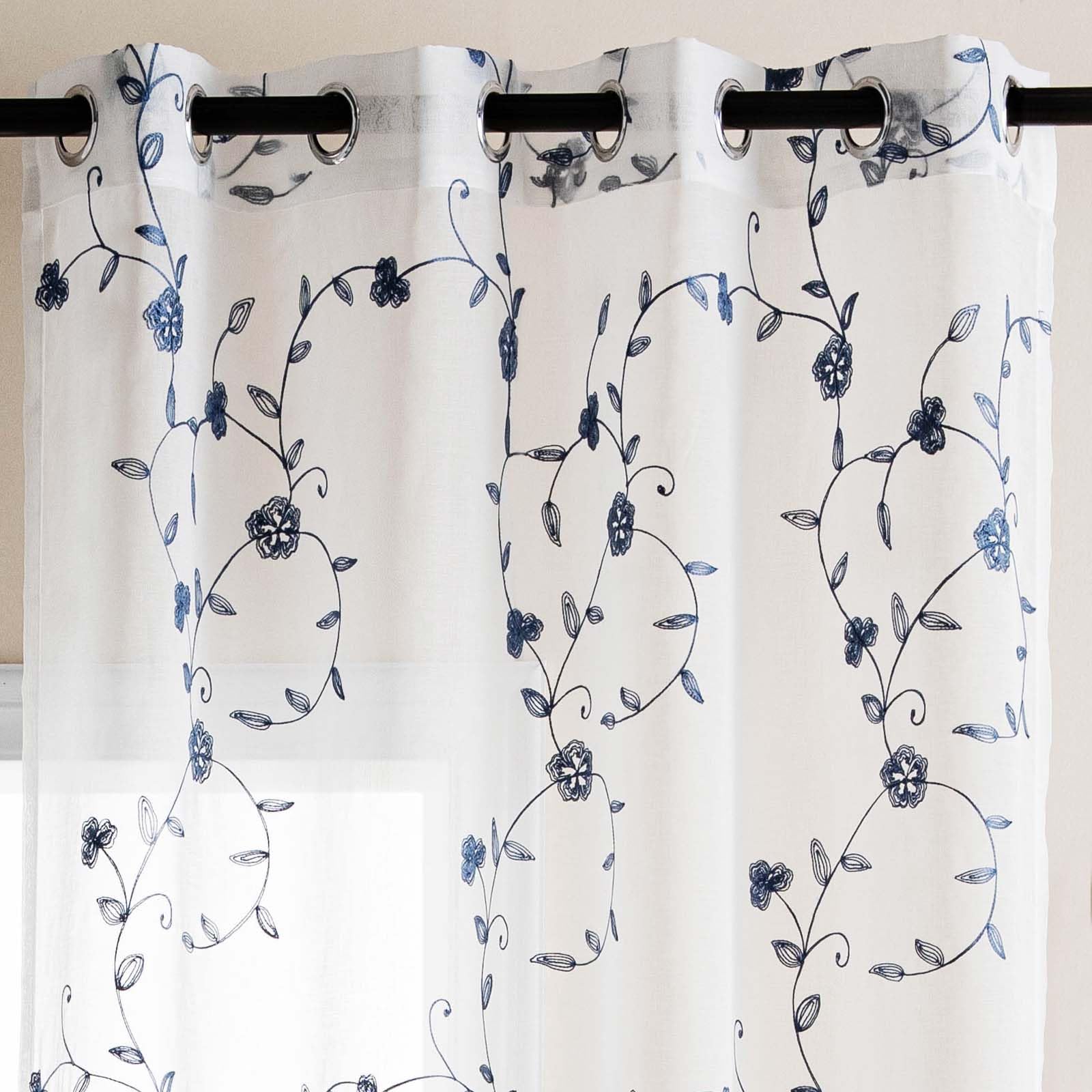 DWCN Embroidery Sheer Curtains Decoration Flora Design Grommet Window Curtain Semi Voile Drapes with Eyelets Window Treatments for Living Room Bedroom 2 Panels 52" W x 63" L Blue