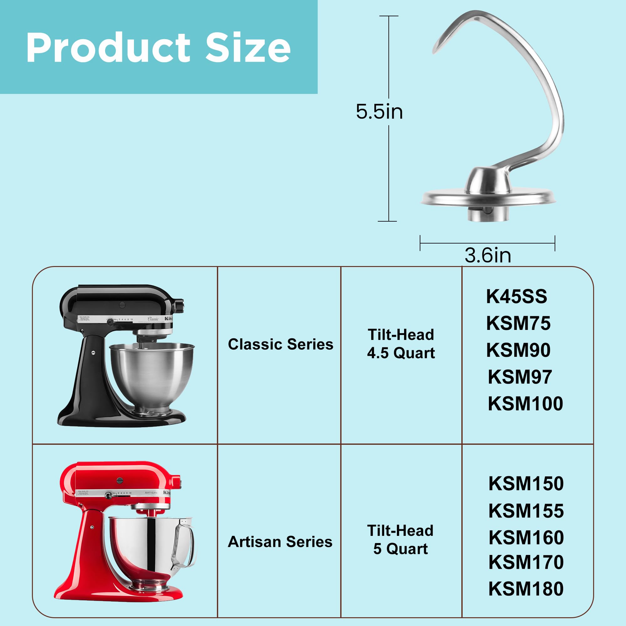 IAGREEA Stainless Steel 3 Pieces For KitchenAid Classic Attachments 4.5-5QT Tilt-Head Stand Mixers, K45WW Wire Whip/ K45DH Dough Hook /K45B Flat Beater for Mixer Accessories Replacement, Heavy Duty