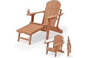 VINGLI Back-Adjustable Plastic Folding Adirondack Chairs with Retractable Footrest & 2-in-1 Cup Holders, Waterproof HDPE Outdoor Fire Pit Chairs for Patio, Pool, Capacity 400 LBS, Teak
