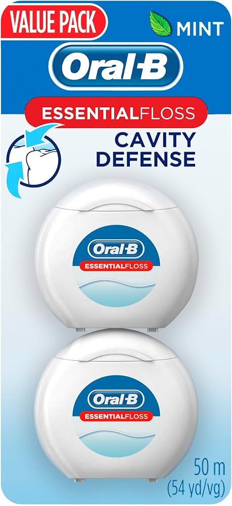 Oral-B Essential Dental Floss, Cavity Defense, Waxed, Mint Flavor, Value 2 Pack (50m Each)