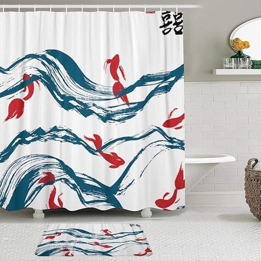 LISNIANY Duschvorhang Badezimmermatten Set，Roter Fisch im Wasser und