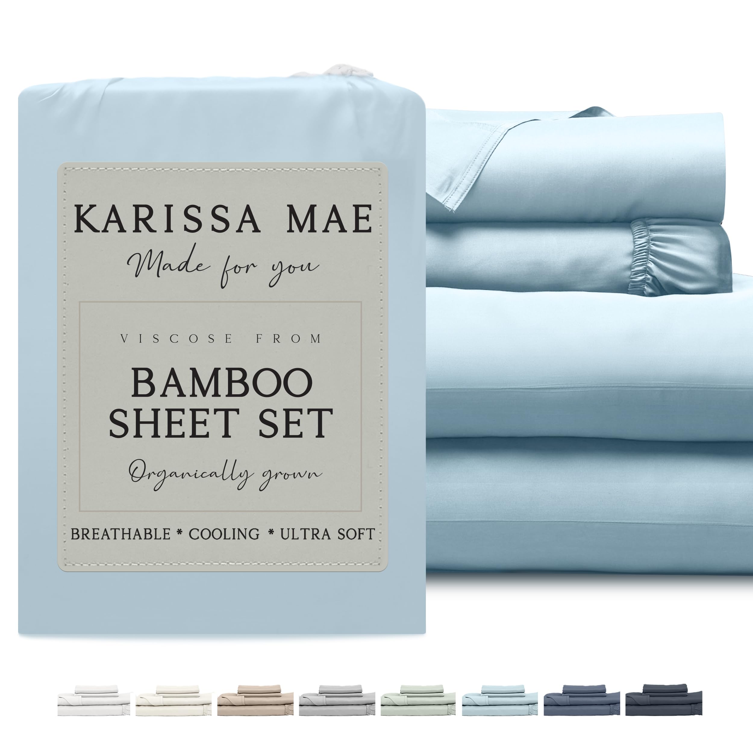 Photo 1 of KARISSA MAE Cooling Bamboo Viscose King Sheet Set | 100% Organically Grown | 18” Deep Pocket | Silky, Soft, & Hypoallergenic | with Organizer Band & Elastic Corner Straps [Coastal Blue]