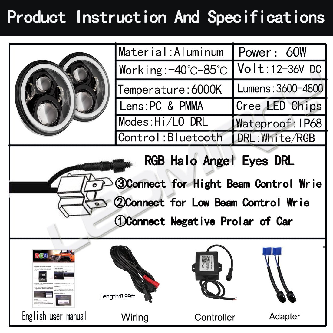 Amazon.com: 7 inch LED Headlights RGB Halo Round Bluetooth APP for Jeep  Wrangler Harley Hummer (2 PCS-RGB-DRL): Automotive