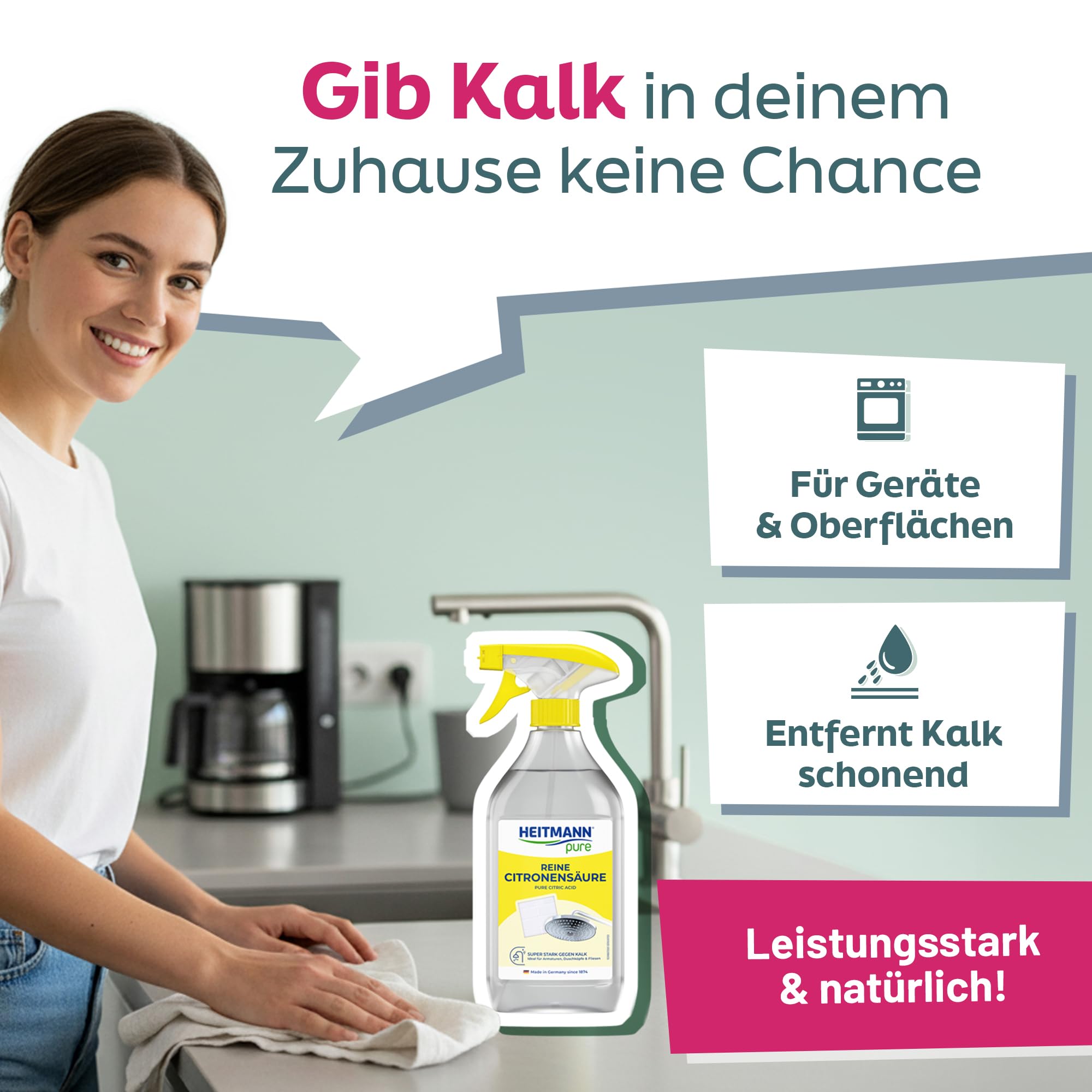 HEITMANN pure Reine Citronensäure | Leistungsstarkes Entkalker-Spray für Bad & Küche | Lebensmittelsauber | Entfernt Kalk & Verfärbungen auf Oberflächen & Armaturen | 500 ml 2