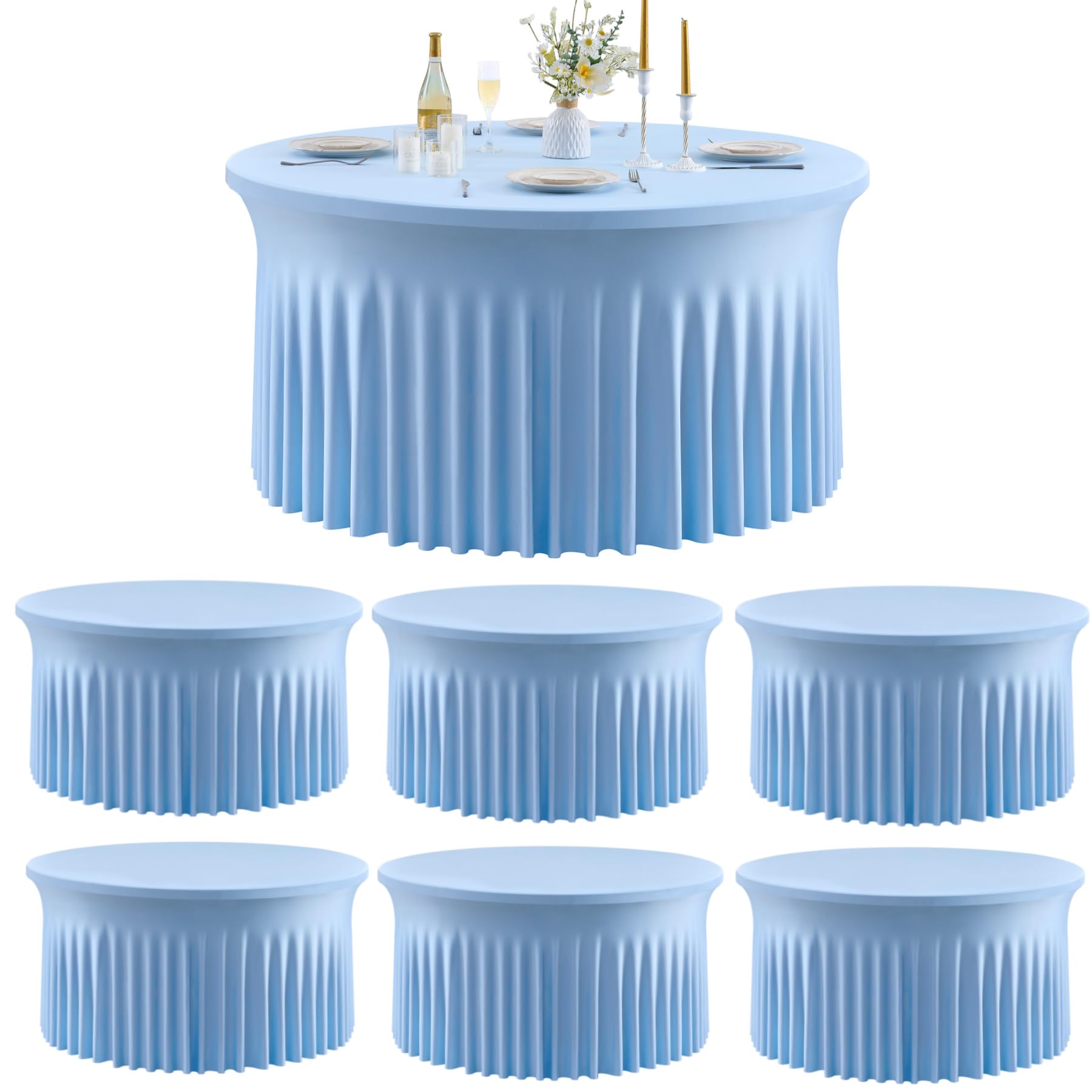 Photo 1 of Outpain Baby Blue Spandex Round Tablecloths for 72 inch Tables, Stretchy 132 inch Fitted 6FT Round Table Cloth with Wrinkle Free Skirt for Wedding Parties & Banquets