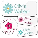 Bunny Badges Personalized Daycare Name Labels for Kids (130 Labels) - Custom Waterproof Name Stickers for Clothing Tags, Water Bottles, Lunch Boxes and School Supplies (Flowers)