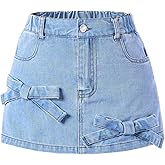 WDIRARA Girl's Bow Knot Skorts Elastic High Waist Denim Skirt Shorts with Pockets