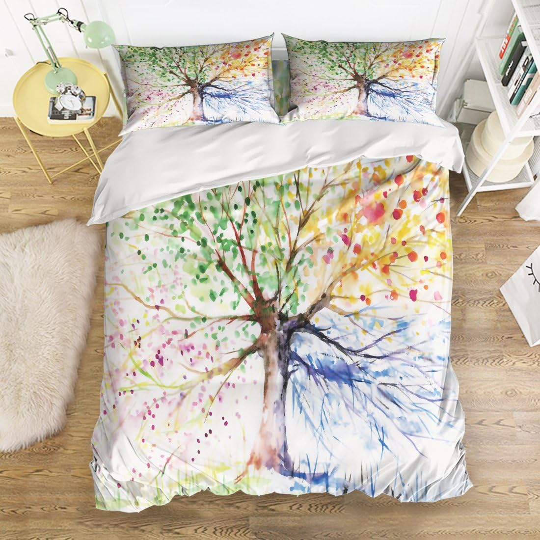 YEHO Art Gallery 4 Pieces Duvet Cover Set Lucky Tree Pattern Printed Bedding Set Comforter Set 1 Flat Sheet 1 Duvet Cover and 2 Pillow Cases (Twin Size)