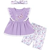 Latnnut Toddler Baby Girl Shorts Set Summer Clothes 3 Piece Outfit Cute Ruffle Tops ＋ Floral Shorts ＋ Bows Headband 6M-4T