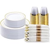 BESTVIP 175PCS Gold Plastic Dinnerware Set, Disposable Party Plates for 25 Guests, Include: 50 Plastic Plates, 25 Pre Rolled Napkins with Gold Silverware, 25 Cups for Christmas, Halloween