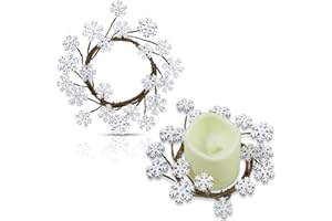 Daifunli 2 Pcs Winter Candle Rings Snowflake Wreath Glitter Vintage Wood Wreaths for Pillar 3.9 Inch Frosty Candles Holder for Winter Christmas Rustic Table Centerpiece Decor