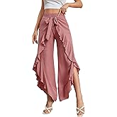 WDIRARA Women's Elastic Waist Wide Leg High Rise Split Tie Front Wrap Flowy Pants