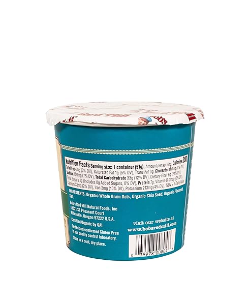BOB’S RED MILL ORGANIC GLUTEN FREE OATMEAL CUP, CLASSIC WITH FLAX/CHIA, 1.8 OUNCE (PACK OF 1), NON-GMO, WHOLE GRAIN, KOSHER
