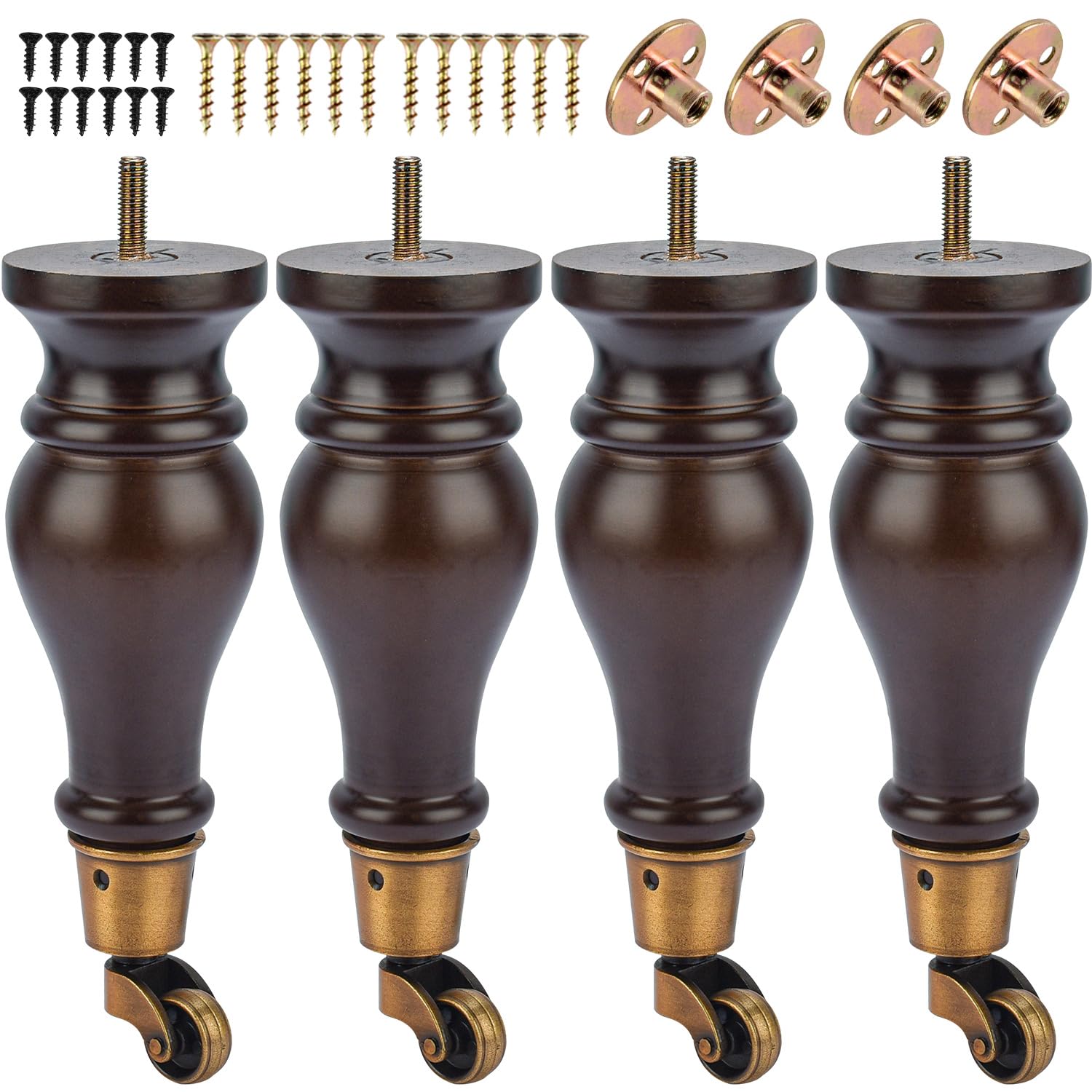 Photo 1 of TCHOSUZ 9 inch / 22cm Wooden Furniture Legs with Casters Wheels, Pack of 4 Classic Walnut Solid Wood Round DIY Replacement Bun Feet for DIY Project Sofa Couch Cabinet Ottoman Bed Riser