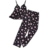 Verdusa Women's Floral Lace 2 Piece Pajama Set Backless Flared Camisole Top with Lounge Pants