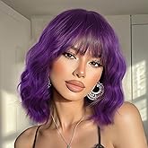 Earfodo Purple Wig for Women Short Purple Wavy Wigs with Bangs 14Inch Colorful Hair Synthetic Heat Resistant Colored Costume Wig for Halloween Cosplay Daily Party Use (Mixed Purple)