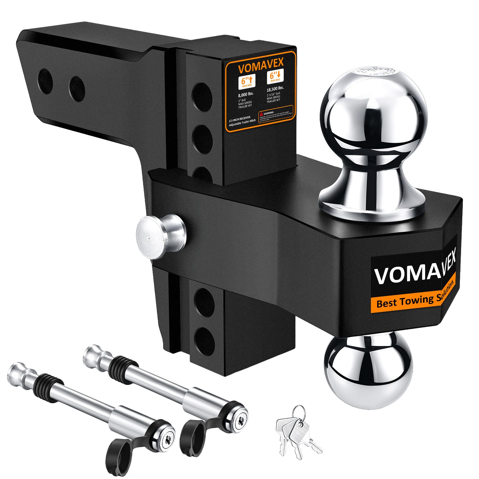 Photo 1 of (PARTIAL SET) (UNTESTED) Adjustable Trailer Hitch-Drop Hitch Fits 2.5-Inch Receiver -6" Drop/Rise Tow Hitch with 2" and 2-5/16" Tow Balls-18,500GTW with Double Anti-Theft Pins Locks, Black