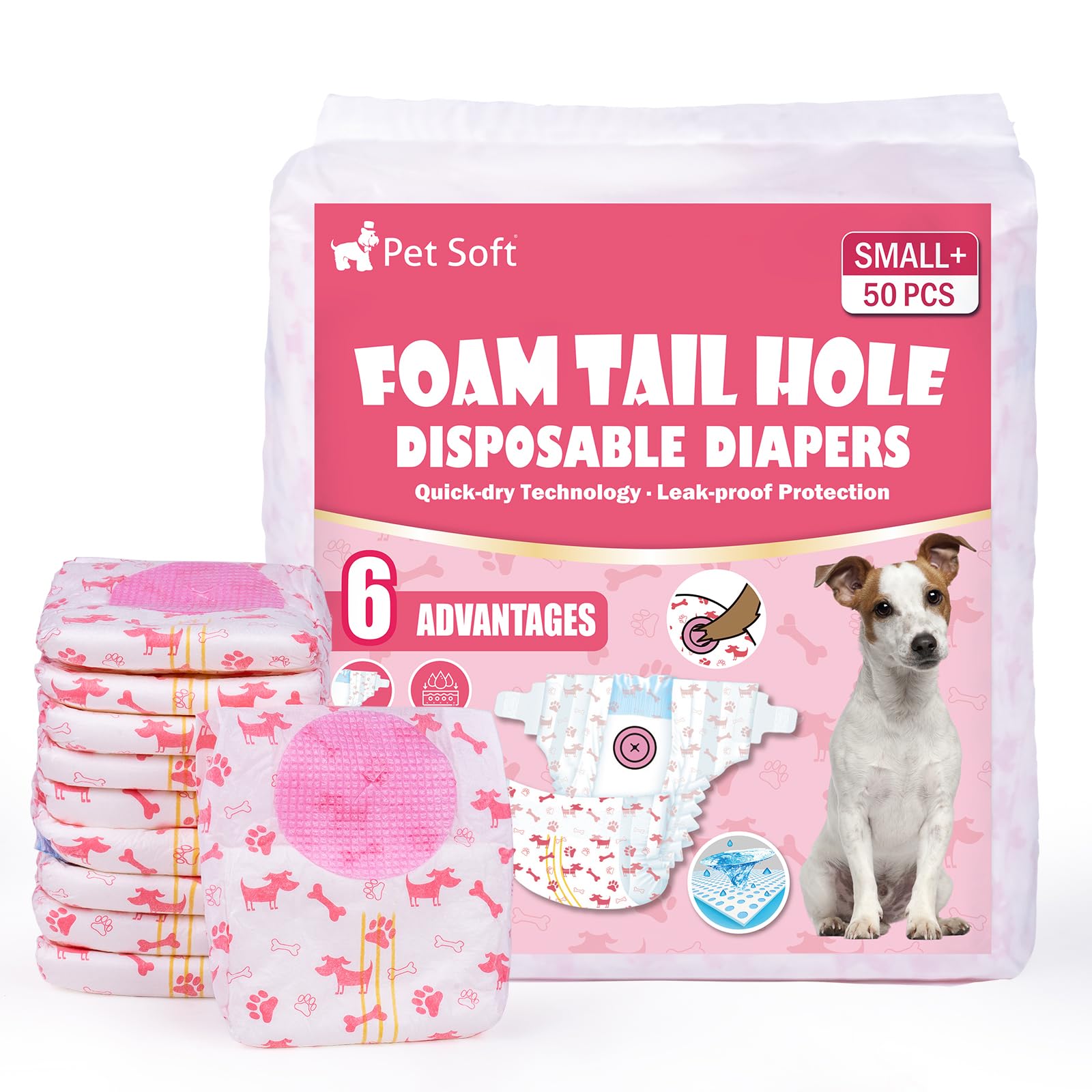 Pet Soft Disposable Dog Diapers for Female Dogs in Season/Heat/Incontinence, Super Absorbent with Adjustable Tail Hole (S-M 50Count)