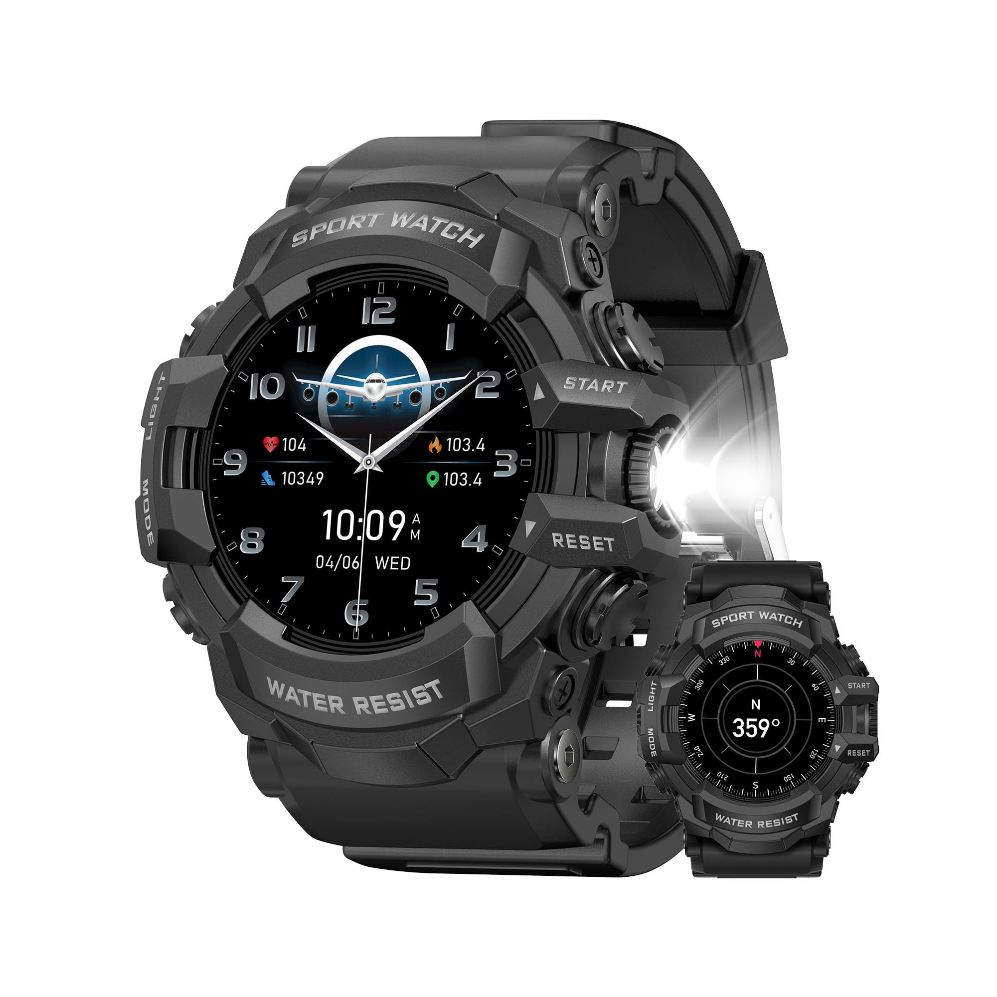 Photo 1 of MIDDOW Military Smart Watch with Flashlight (Answer/Make Call) Compass, Heart Rate/Sleep/Pedometer/100+ Sports Modes, Fitness Tracker IP68 Waterproof, Long Battery Life Android & iOS (Black)