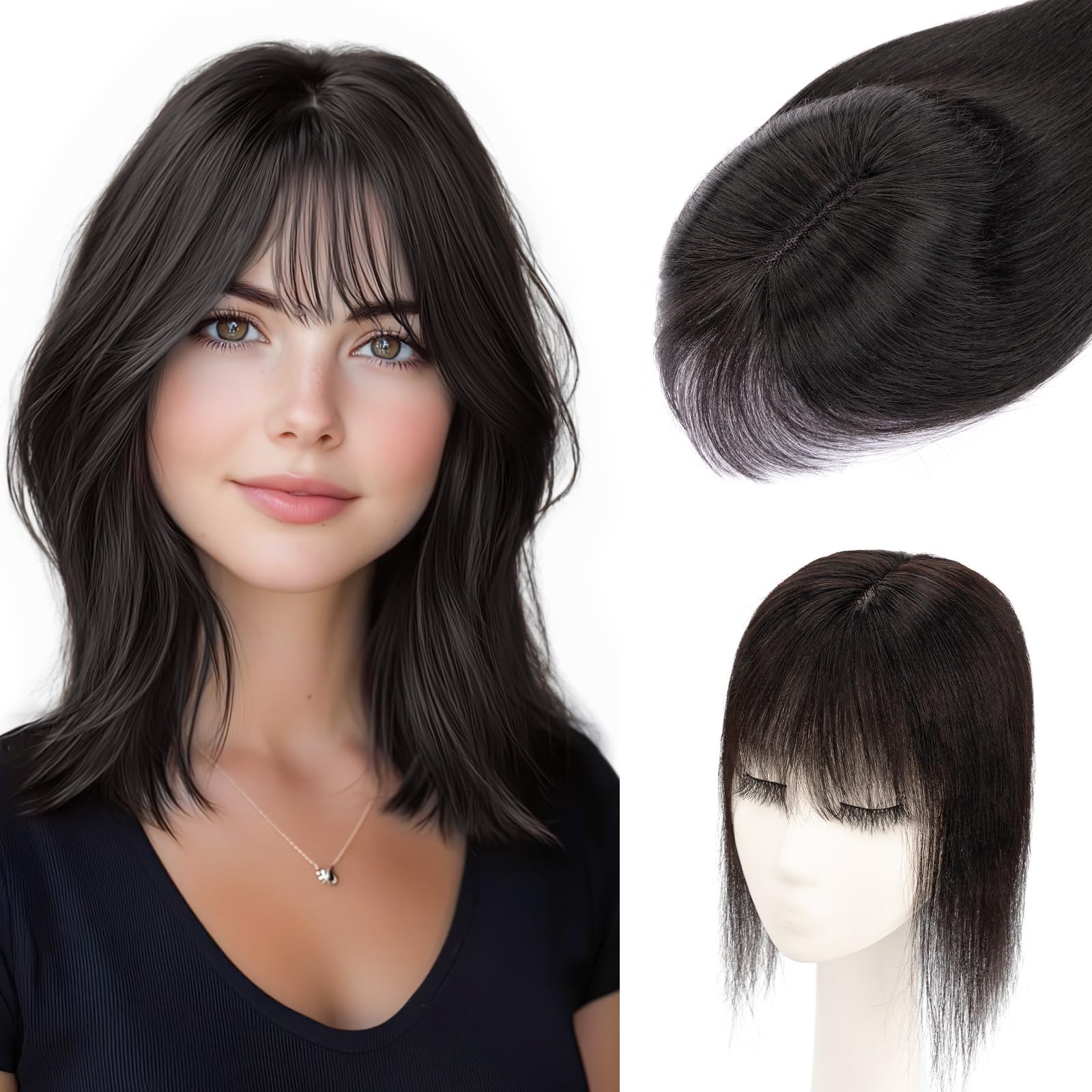 Photo 1 of S-noilite Hair Toppers for Women Real Human Hair, 100% Real Human Hair Toppers with Bangs for Women with Thin Hair,2.25"*6" Lace Silk Base 10 inch Natural Black