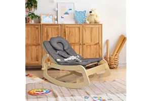 GLADSWING Baby Bouncer,Adjustable Baby Rocker, 3-in-1 Wooden Baby Rocker Chair with 5-Point Harness, Baby Recliner Seat for Infant to Toddlers,Grey