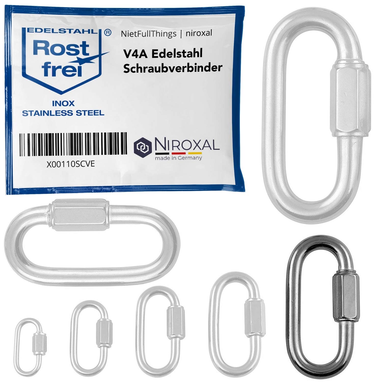 NietFullThings 8 mm Stainless Steel Quick Link Heavy Duty Screw Link Chain Connector Marine Grade V4A 316 Breaking Load 1875 kg Pack of 50