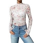 Acelitt Women's Long Sleeve Sheer Mesh Lace Blouse