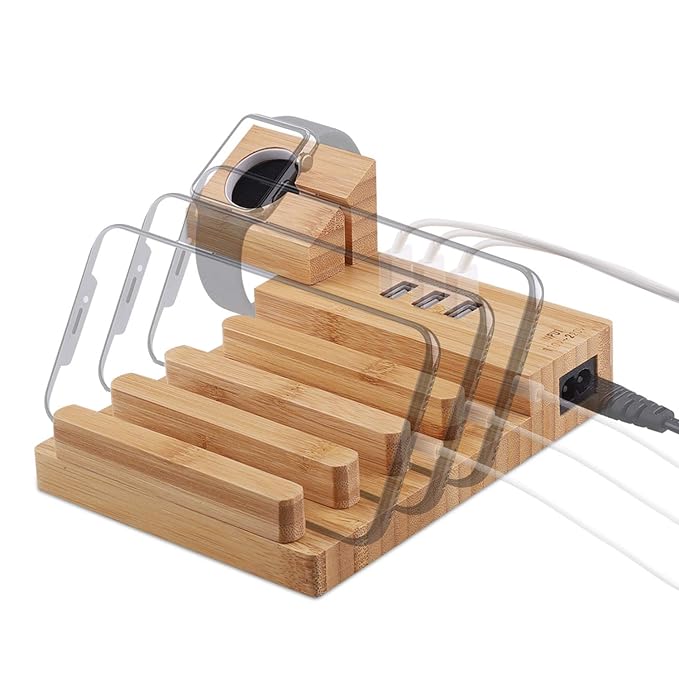 Wowo Multi Device Charging Station Personalized Bamboo Wood