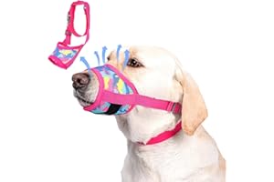 DoggieKit Dog Muzzle with Escape-Proof Elastic Neck Collar, Soft Breathable Air Mesh Mouth Cover Stops Biting Barking Chewing Allows Drinking Panting, Adjustable Muzzle for Small Medium Large Dogs