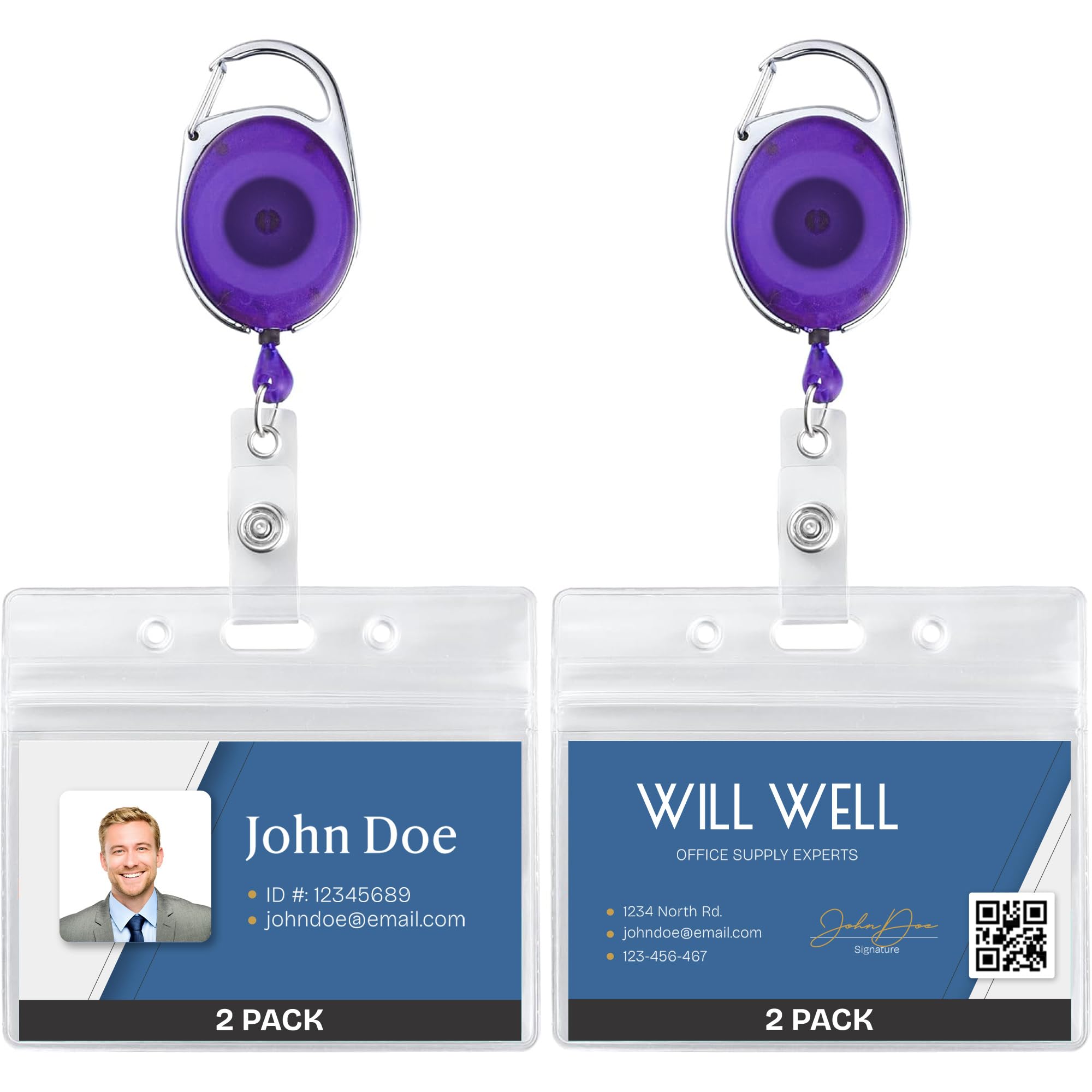 Photo 1 of 2 Pack Id Badge Holder With Clip – Transparent Purple Badge Reels with Id Sleeves Set – Clear Id Card Holder Retractable, Horizontal Lanyard ID Holder with Badge Reel, Badge Holders with 24" Pull Cord