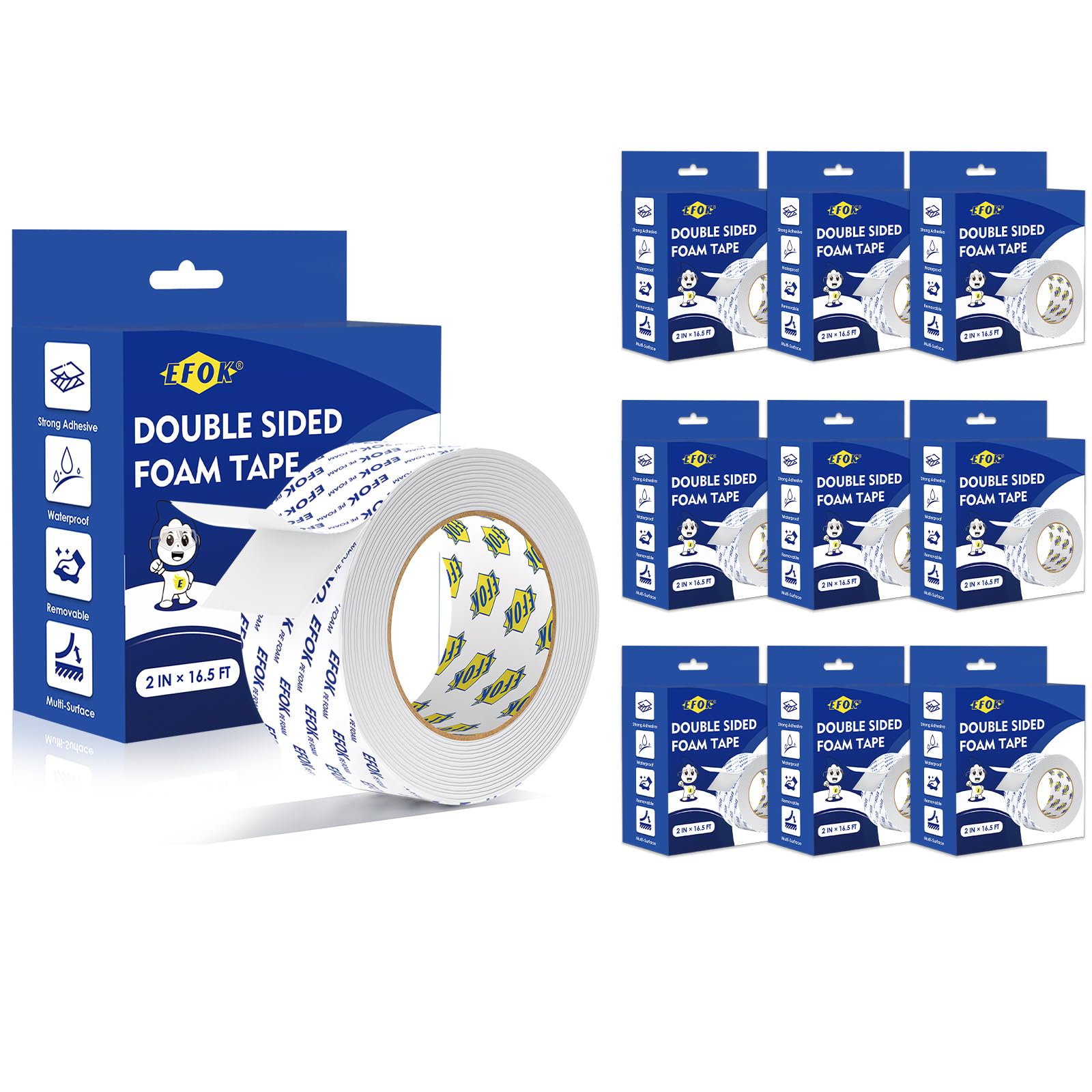 Photo 1 of 10 Pack Double Sided Tape Heavy Duty White PE Foam Tape, 2 in X 16.5 Ft Mounting Tape Removable Strips Strong Weatherproof Adhesive Tape for Hanging Picture Poster, Carpets, Paint Wall No Damage